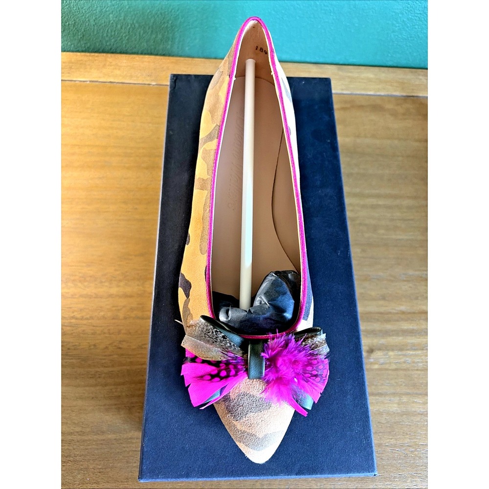 Dream Walkers Artemisa Feather Bow Camo Suede Pointed Flat Shoe 38 Handmade‎ NEW